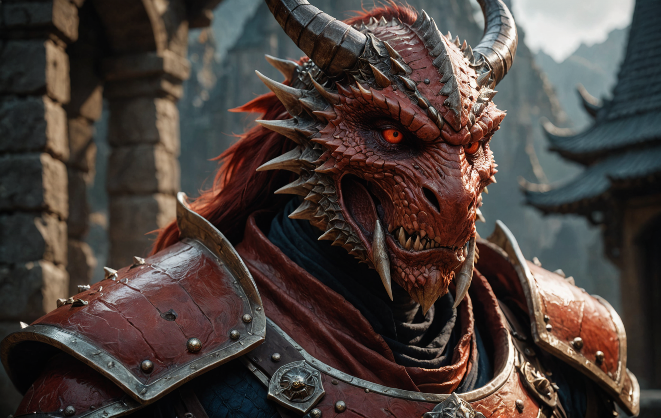 cinematic film still, close up, photo of a red Dragonborn, in the style of hyper-realistic d&d, full plate,  sony fe 12-24...